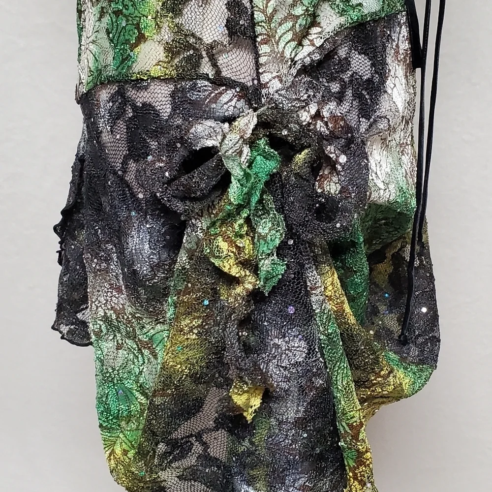 80s Rare Vintage Surprise Parties Green Tie-Dye Sheer Lace Lace-up Bustle Dress - Picture 9 of 16